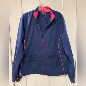 Happy Scrubs blue with bright pink accents long sleeve zip up W1